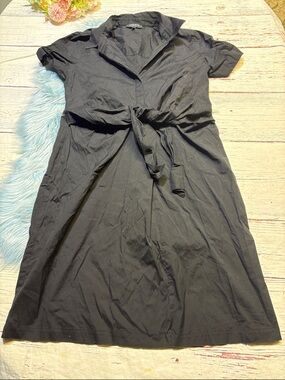 Lafayette 148 New York Black Tie-Waist Midi Shirt Dress sz 14